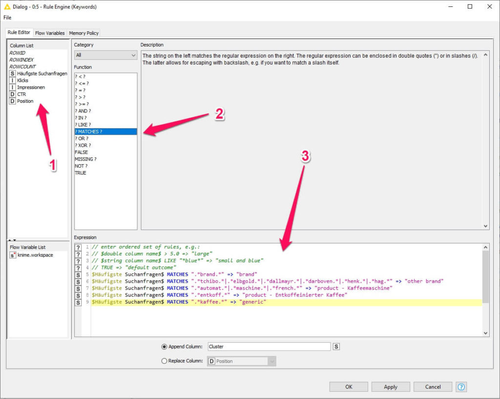 Knime Rule Engine zum clustern von SEO Keywords